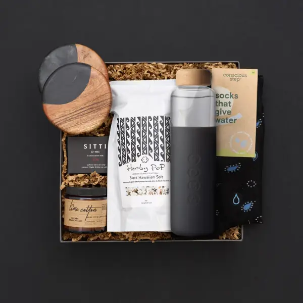 gift box with sustainable products on black background