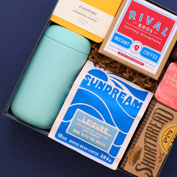 sundream coffee inside a gift box on a blue background