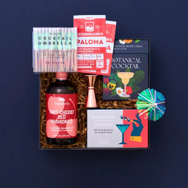 cocktail gift box on navy blue background