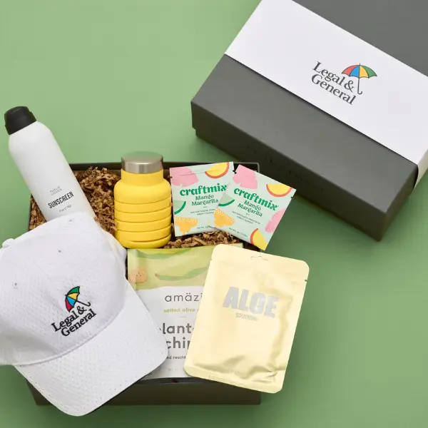 beach gift box for a corporate retreat on a green background
