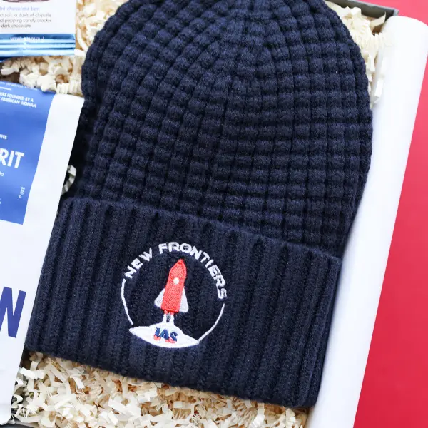 custom branded knit hat inside a gift box