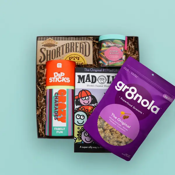 Game night gift box on pale blue background